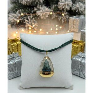 Vintage Christmas Snow Globe Pendant Necklace, Tree Lucite Charm, 30 In Cord